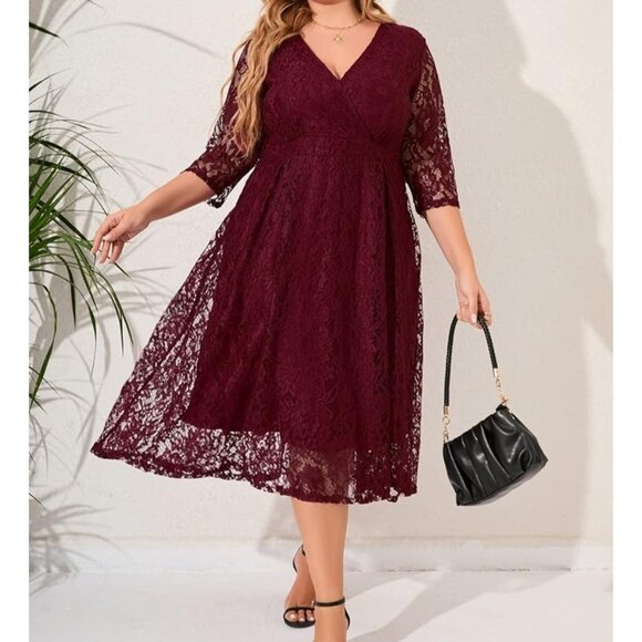 Burgundy Wine Lace Midi Dress Size 22 3X Christmas Holiday Party Wedding Plus Sz - Picture 10 of 10